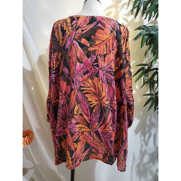 Ulla Popken Tropical Gauzy Crinkle Button Roll Tab Tunic Blouse Womens 32/34 - Picture 3 of 9